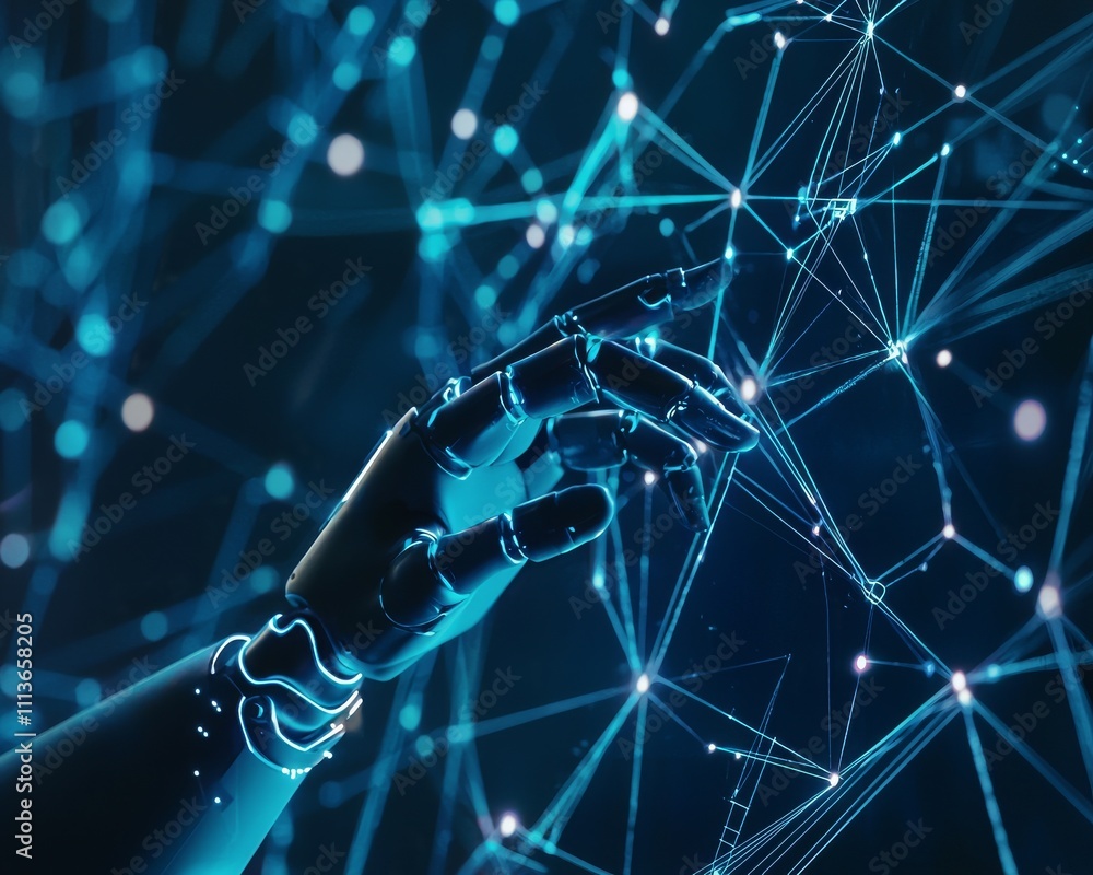 Poster a sleek, futuristic robotic hand reaching out toward a vibrant network of interconnected data points