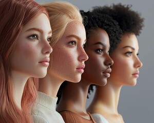 Fototapeta premium Diverse group of female mannequins showcasing varied hair textures and skin tones in a modern aesthetic.