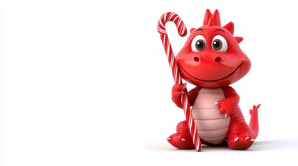 Cute and Whimsical Red Dragon Creature Holding Candy Cane in Festive Christmas Scene