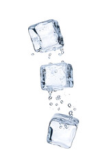 Obraz premium Splashing ice cubes floating in mid-air, dynamic motion effect isolated on white background