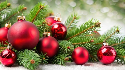 Fototapeta premium Rote Weihnachtskugeln mit Tanne , Christmas, red, ornaments, tree, holiday, decoration, festive, shiny, traditional, baubles