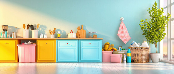 Bright and colorful kitchen with organized storage and plants