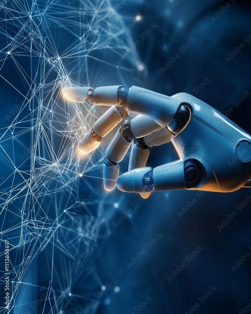 Poster a futuristic robotic hand reaching out to connect with a glowing network of digital lines.