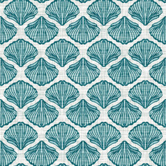 Teal turquoise blue white shell motif with linen seamless batik border background. Modern coastal beach cottage rustic shell block print home decor pattern design in sealife banner beach style.