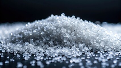 Close-up of white sugar crystals on a dark background, sweet, granules, ingredient, unhealthy, energy, sweetener, addiction
