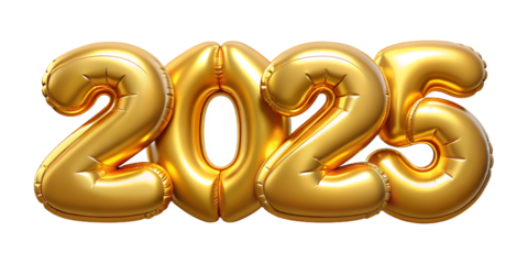 Happy New Year background with 2025 shiny golden numbers made of air balloons isolated on white background isolated on white background as transparent. PNG. AI GENERATED