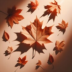Obraz premium Dried maple leaves on pastel sunlit background with shadow. Autumn, fall, thanksgiving day concept. Flat lay, top view (1)_Nero AI_Photo