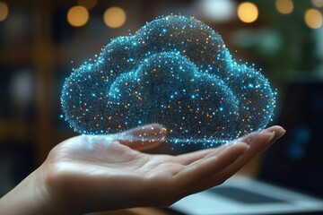 Cloud Download Icon Hand Futuristic Technology Digital Art Processing Data Concept for File Transfer