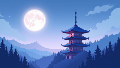 Pagoda illuminated by full moonlight amidst serene forest landscape