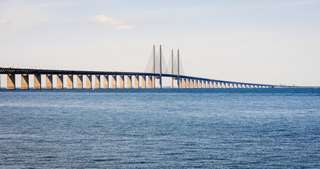 Panoramic view of the Oresund bridge, a railway and motorway cable-stayed bridge across the Oresund...