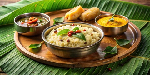 Traditional South Indian breakfast dish Ven Pongal and Khara Pongal with Sambar and coconut Chutney , South Indian, breakfast