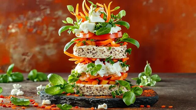 Fresh caprese salad tower with vibrant tomato mozzarella layers