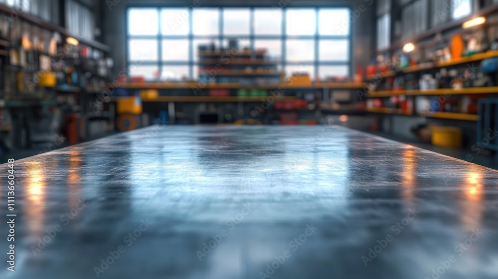 Poster polished metal workshop with empty desk space and blurred colorful background in man cave studio