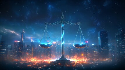 Scales of Justice Over a Night City