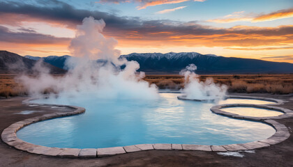 Hot springs at sunset with steaming pools and dramatic mountains under a colorful sky
