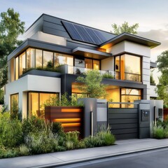Modern eco-friendly home with large windows and solar panels, surrounded by lush greenery and a sleek fence.