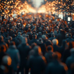 A diverse crowd of people in winter apparel walks through a lively, illuminated street lined with warm, glowing lights.