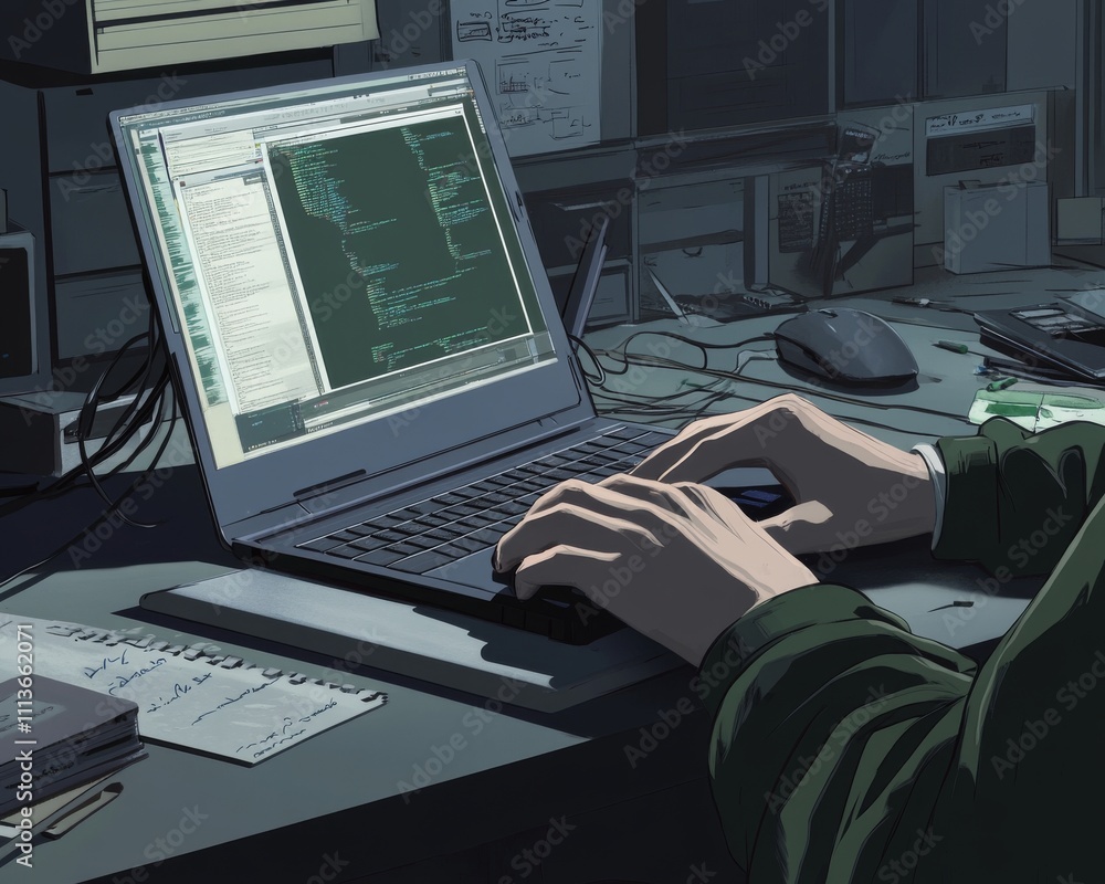 Poster a focused male coder working late at night, illuminated by the screen's glow, surrounded by notes an
