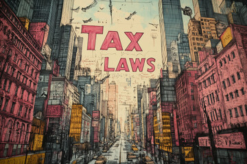 Fototapeta premium Creative mural depicting tax laws in a vibrant cityscape on a sunny day