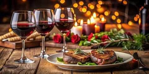 Romantic dinner setting for two with grilled steaks and glasses of red wine, steak, dinner, date night, romantic, wine