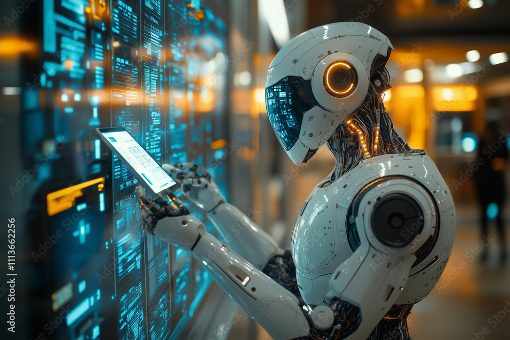 Poster Futuristic robot interacting with advanced digital interface in urban center