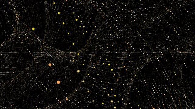 Dynamic flow of glowing yellow particles in swirling pattern against black background, creating futuristic mesmerizing abstract design flow of glowing yellow particles bstract design