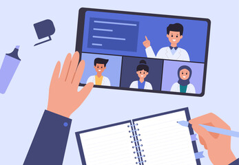 Hands holding tablet pc with video conference on screen horizontal illustration