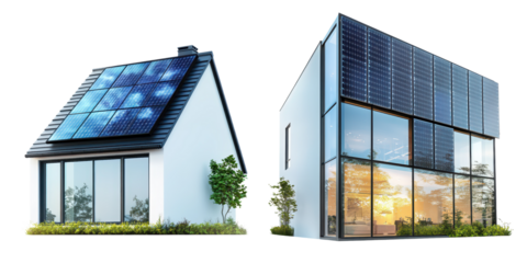 Innovative and sustainable solar powered residential architecture with a sleek contemporary glass facade and a beautiful sunset landscape  This energy efficient