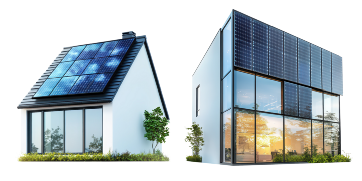 Innovative and sustainable solar powered residential architecture with a sleek contemporary glass facade and a beautiful sunset landscape  This energy efficient