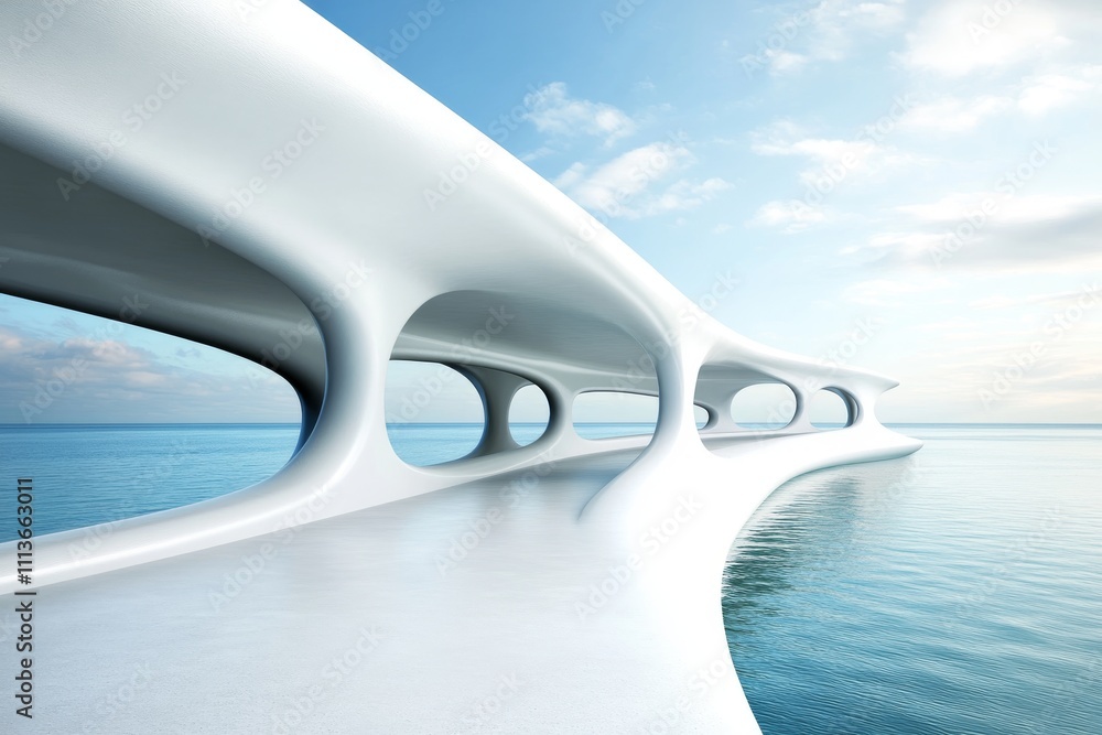 Poster a modern architectural bridge with flowing curves, surrounded by tranquil waters and a sky filled wi