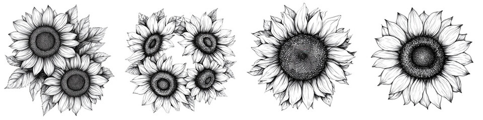 Set of Monochrome Sunflower Floral Sketches and in Minimalist Graphic and Style  Black and White Botanical Drawings of Blooming Flowers Petals and Leaves