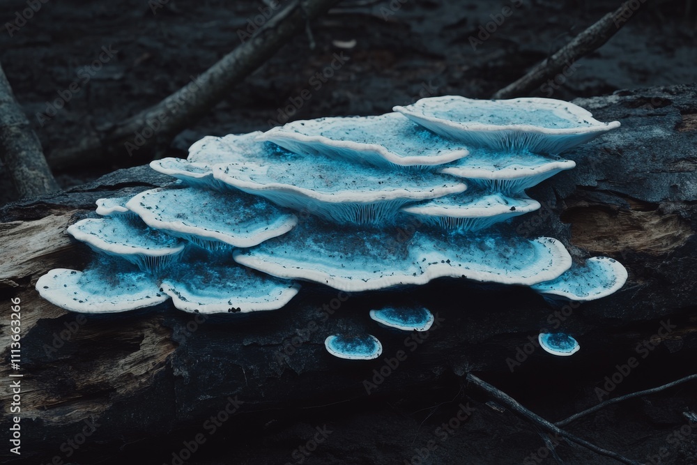 Poster a striking display of blue-hued fungus growing on a fallen log in a serene forest setting.