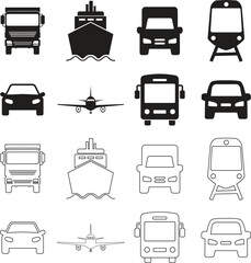 Commuter icon set. Traffic busy road black flat and line vector collection isolated on transparent background. Public Transportation related. Minimal graphic bus Train Ship Ferry and auto sign symbol.