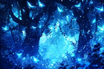A mesmerizing forest illuminated by ethereal blue light and glowing butterflies, creating a magical atmosphere.