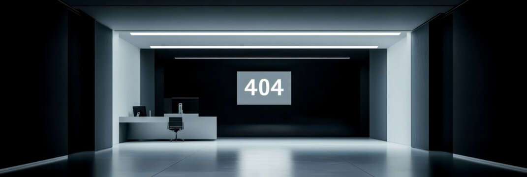 Futuristic office space with 404 error display for webmaster day. Horizontal banner. Copy space. World 404 Day