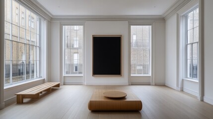 Obraz premium Minimalist Gallery Interior Featuring Artwork And Seating