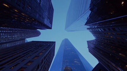 Urban skyscrapers, looking up, modern buildings, city skyline, dusk, evening light, urban landscape, architectural design
