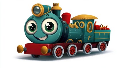 Colorful Cartoon Train Locomotive with Friendly Face Encourages Childlike Adventure and Imagination
