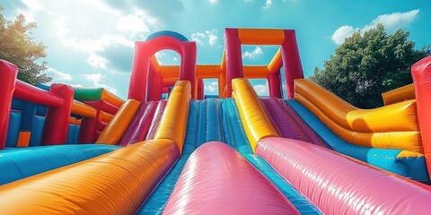 Colorful Inflatable Playground with Water Slide for Children Fun in the Backyard