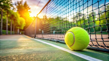 Tennis ball on a tennis court net, sports, competition, game, equipment, outdoor, match, court, net, yellow, green, summer