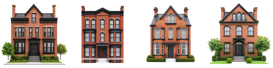 Fototapeta premium Beautifully preserved row of ornate brick townhouses and row houses in a historic downtown district The Victorian era facades feature intricate architectural details and design elements