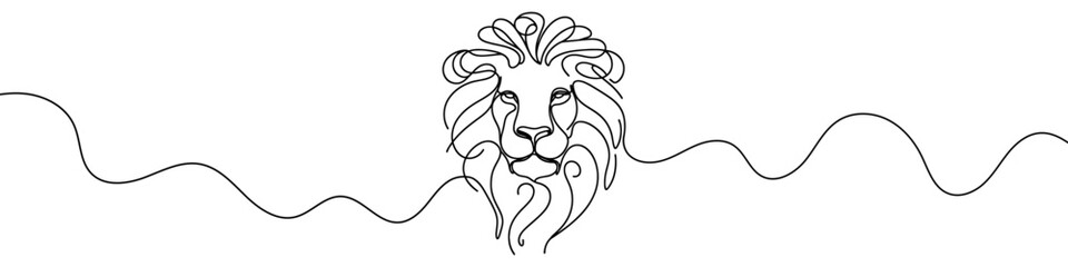 One continuous line illustration of a lion head, isolated on white background. Line art of lion head.