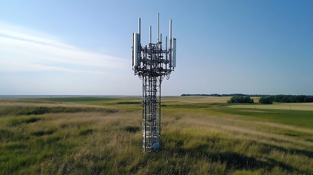 Cell Tower in a Summer Prairie Landscape. AI Generated - Powered by Adobe