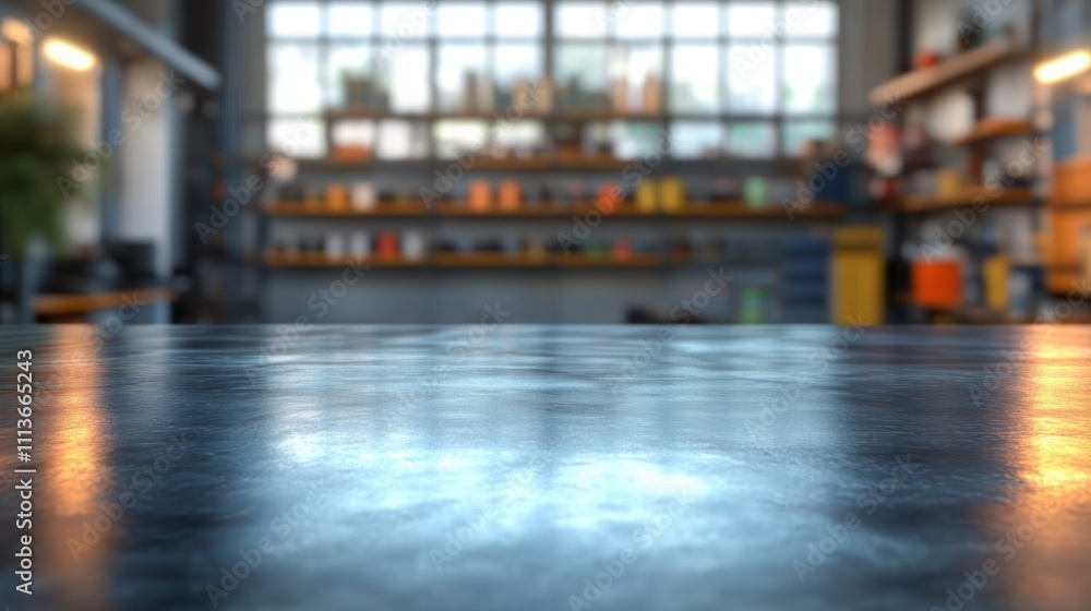 Aufkleber metal workshop table with empty space in blurred garage background for craft projects and creative i