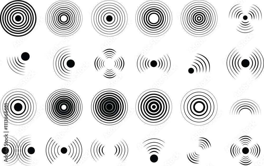 Wall mural concentric ripple circles sound waves icon set. seismic earthquake alert radar. radial signal sonar 