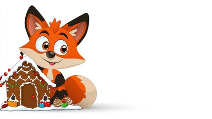 Obraz premium Cute Cartoon Fox with Gingerbread House Celebrating Christmas in the Winter Forest