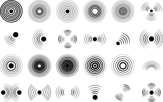 Concentric ripple circles sound waves icon set. Seismic Earthquake alert radar. Radial signal sonar wave soundwave rings touch effect or pulse line vector collection isolated on transparent background