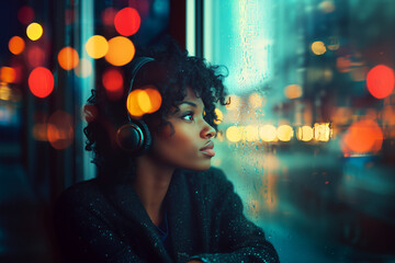An african american woman wearing headphones in a cold day