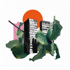 Contemporary art collage. Tall residential buildings combined with lush green leaves and vibrant...