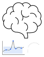 Black outlined brain with adjacent line graph showing data points and trends. Ideal for themes of creativity, data analysis, cerebral insights, innovation, research, growth, understanding. Line